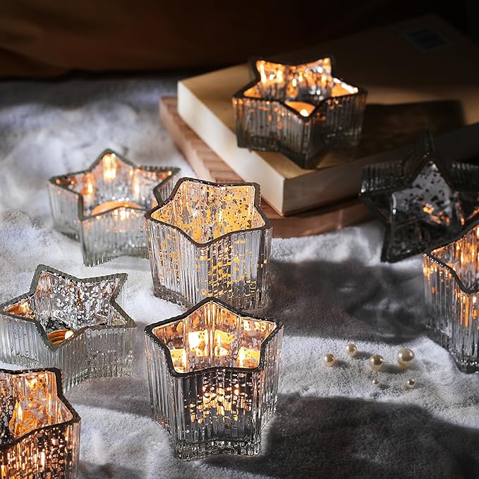 Letine 10pcs Silver Ribbed Star Candle Cups - Assorted Height Tea Light Holders, Votive Candle Holders forWedding, Fall Table Centerpiece, Mercury Glass Lucky Star Jar Decor(Tall 2.44", Short 1.57")