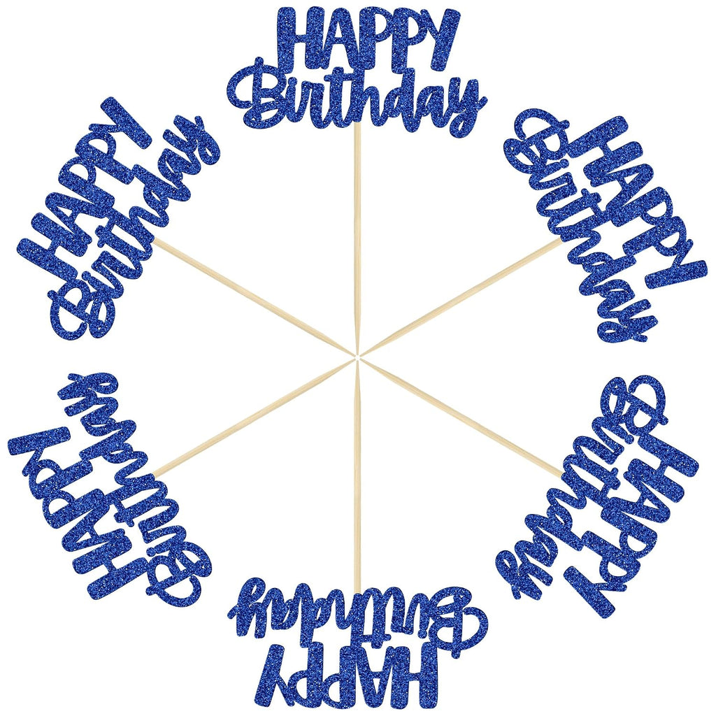 Gyufise 24Pcs Happy Birthday Cupcake Toppers Glitter Cupcake Food Picks for Celebrating Happy Birthday Theme Party Cake Decorations Supplies Deep Blue