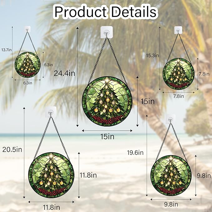 Stained Glass Window Hanging - Green Christmas Tree Golden Bells Suncatcher for Doors Home Christmas Decoration Sun Catcher Thanksgiving New Year Birthday Gift for Women Men Mom Nana 7.8 in