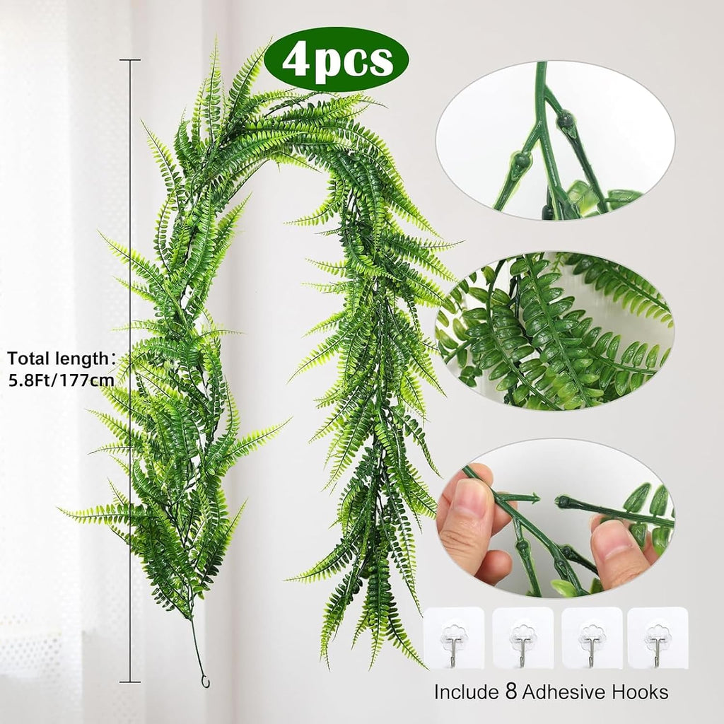 recutms 4pc artificial boston ferns garland 5.8ft green, side view