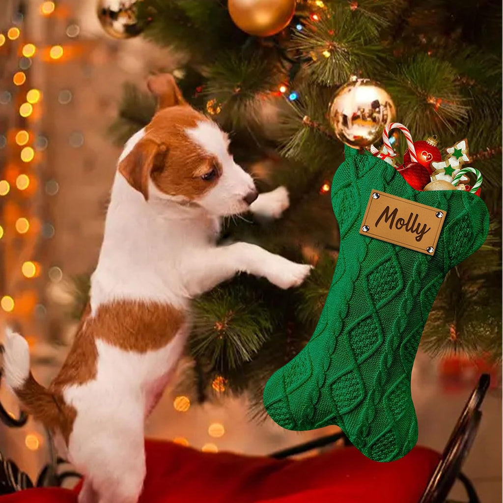 Funny DIY Personalized Dog Christmas Stocking, Large Bone Shape Cable Knit Custom Name Embroidered Dog Xmas Stockings, Knitted Hanging Stockings Pets