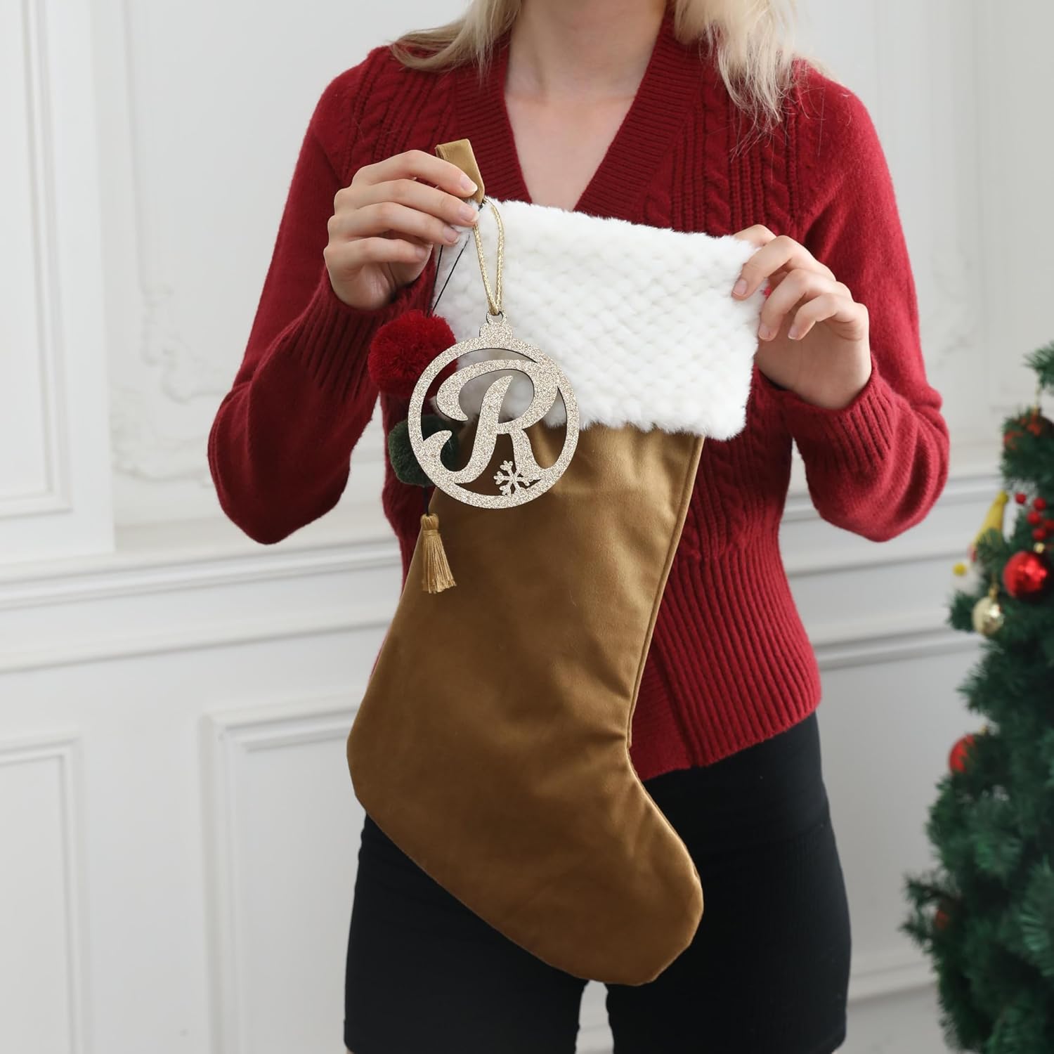 Personalized Gold Wooden Initial Christmas Stocking, 19.5 inches Velvet Christmas Stocking with pom poms,Christmas Decorations for Xmas Fireplace Holiday Party(White A)