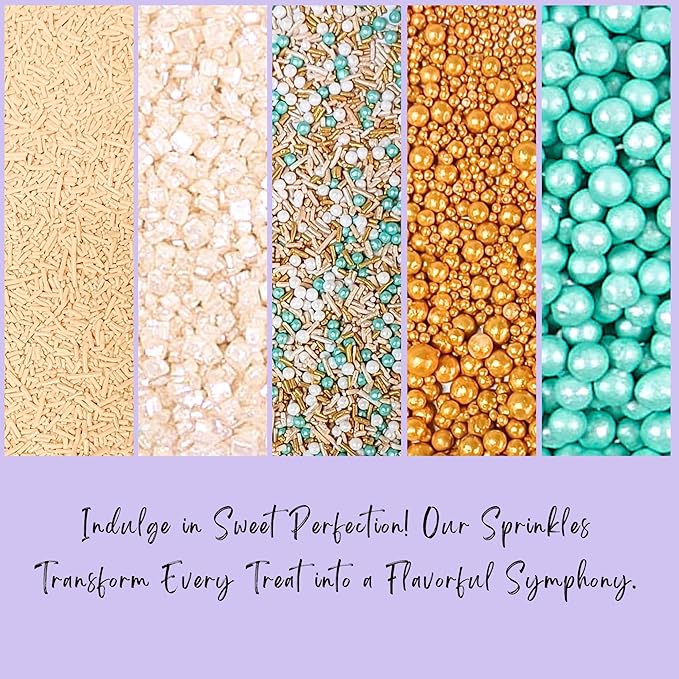 Confect Sprinkles- Fairytale Frozen Cake Decorating Sprinkles – Teal, White & Glittering Gold Pearl Dragees, Pearl Jimmies & White Sparkling Sugar – Edible Sprinkle Mix for Cakes, Cupcakes, Cookies & Party Desserts- Vegan, Gluten-Free, Nut-Free, Soy-Fr...