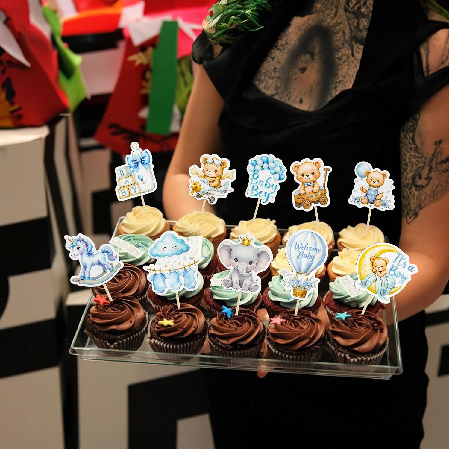 Gyufise 40Pcs Baby Girl Cupcake Toppers Baby Shower Decorations for Girls Rainbow Balloon Elephant Bear It's a Boy Cupcake Picks for Baby Shower Birthday Party Supplies Blue White