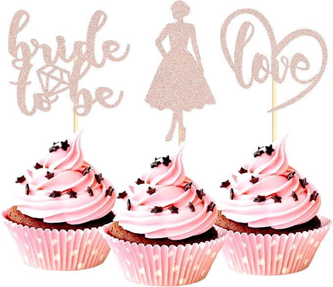 Sotpot 24PCS Bride to Be Cupcake Toppers with Heart Rose Gold Glitter Dress Bridal Shower Cupcake Picks for Wedding Bridal Shower Wedding Engagement Party Cake Decorations
