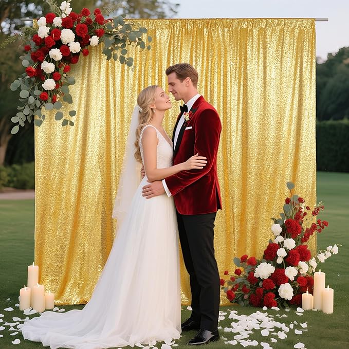 SquarePie Sequin Backdrop Curtain Not See Through Background for Wedding Party 8FT x 8FT Gold