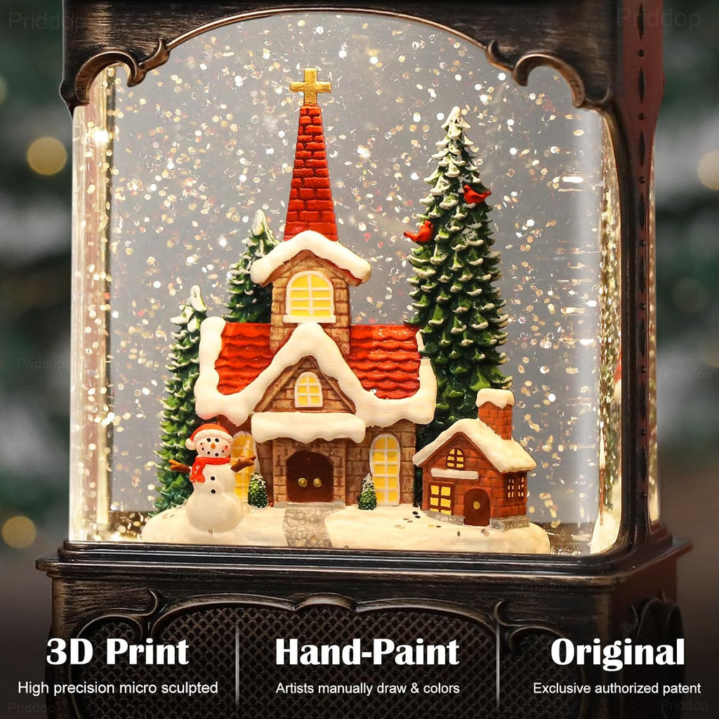 Priddop Church Snow Globe Christmas Decorations Gifts Snowman Cabin Cardinal Tree USB/Battery Timer Music Glitter Snowfall Lantern 10.2 inch