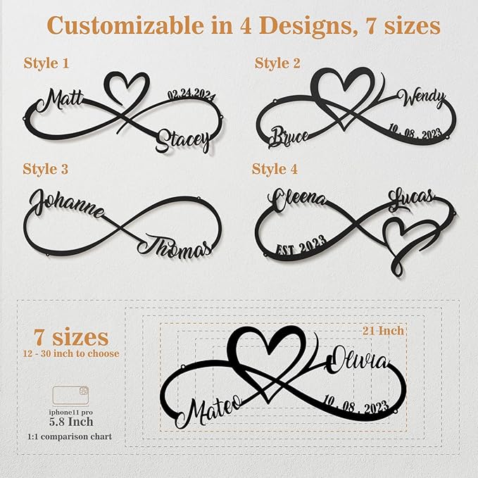 Personalized Anniversary Wedding Gifts for Couples 2025, Customized Metal Infinity Signs with Names & Date, Love Heart Unique Wall Art for Newlyweds Valentines