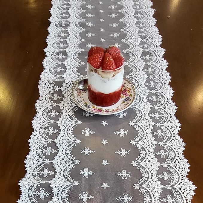 Inicia Table Lace Runner 12×70 inch Embroidered for Holiday Wedding Picnic Daily Dinner Tables White Decor (Polyester, 12"×70" (31cm×180cm))