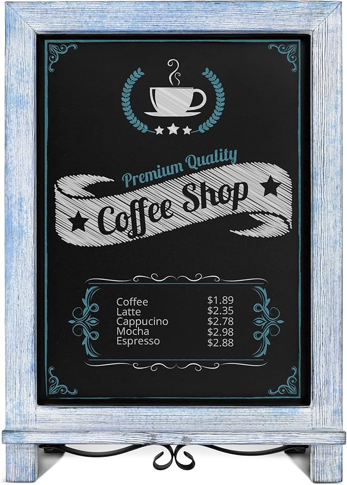 HBCY Creations Rustic Blue & White Tabletop Chalkboard with Legs/Vintage Wedding Table Sign/Small Kitchen Countertop Memo Board/Antique Wooden Frame (12" x 17", 5- Rustic Blue)