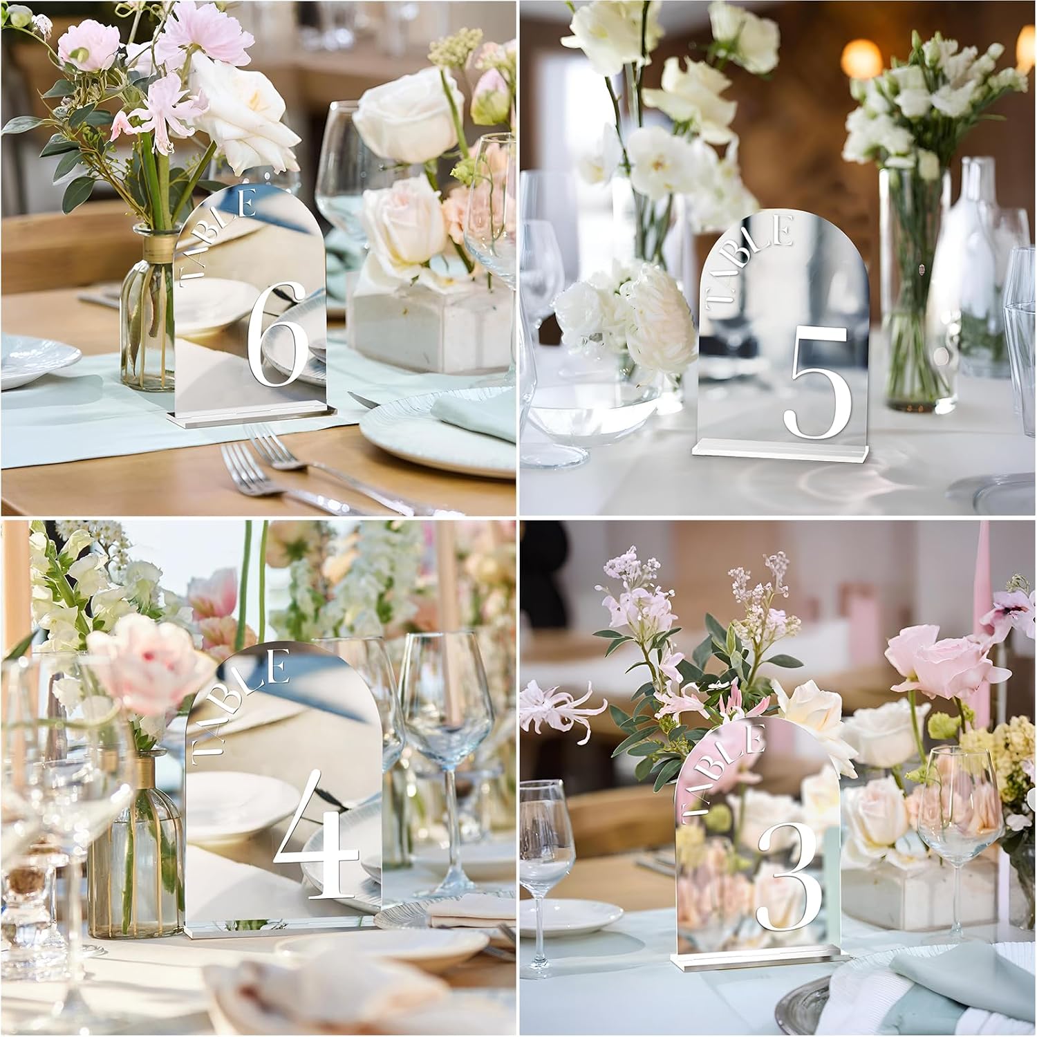 Mirror Arched Wedding Table Numbers 1-15 with Stands, 5"x7" Double-sided Letter, Acrylic Wedding Signs Centerpiece Decoration for Wedding Reception Party (Silver, Table Numbers 1-15)