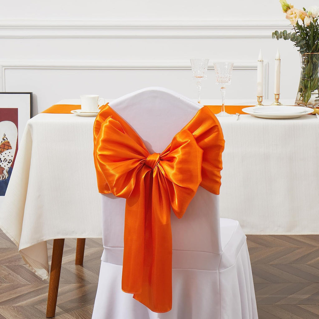 Orange Satin Chair Sashes Bows, 6 x 108 inch, 10 Pcs | Universal Chair Cover, Wedding Reception Events Banquets Party, Hotel Event Decorations