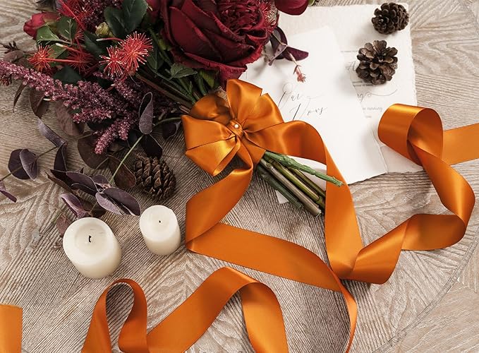 Copper Satin Ribbon 1-1/2 Inch x 50 Yards Double-Faced Polyester Ribbons for Bows Crafts Gift Wrapping Christmas Flower Bouquet Fall Wedding