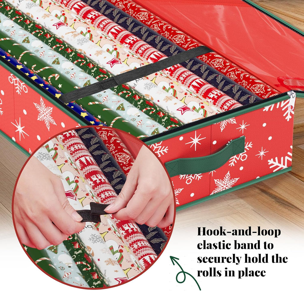 StorageRight Wrapping Paper Organizer Storage Container, Christmas Gift Wrapping Paper Storage Box for Paper Ornaments，Paper Storage Holder for Holiday Decoration Snowflake/Red