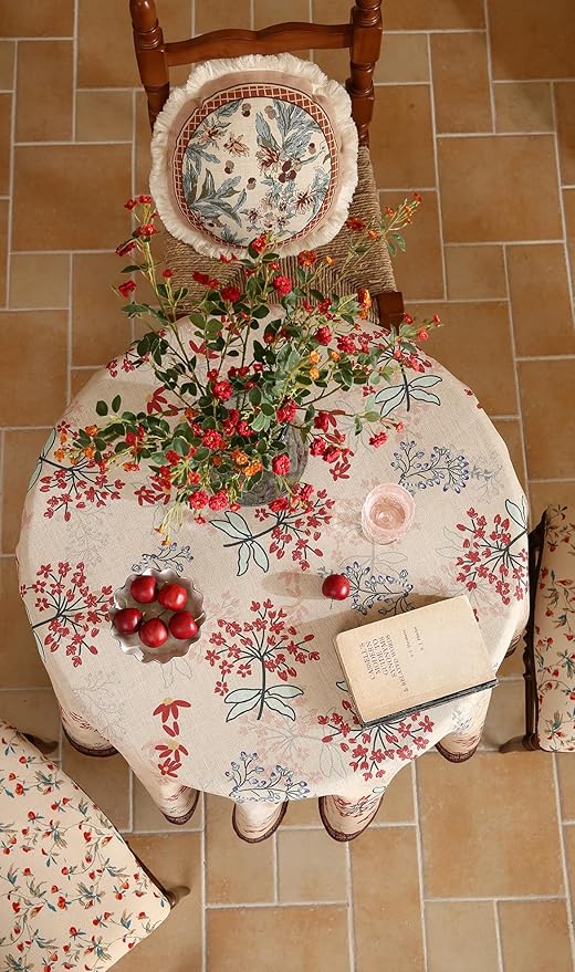 patdrea Designer Linen French Round Table Cloth,Vintage Red Floral Durable Breathable Colorful Dacorative Tablecloth for Kitchen Dining,Christmas,Thanksgiving,Holiday,Diameter 67"-Newmari