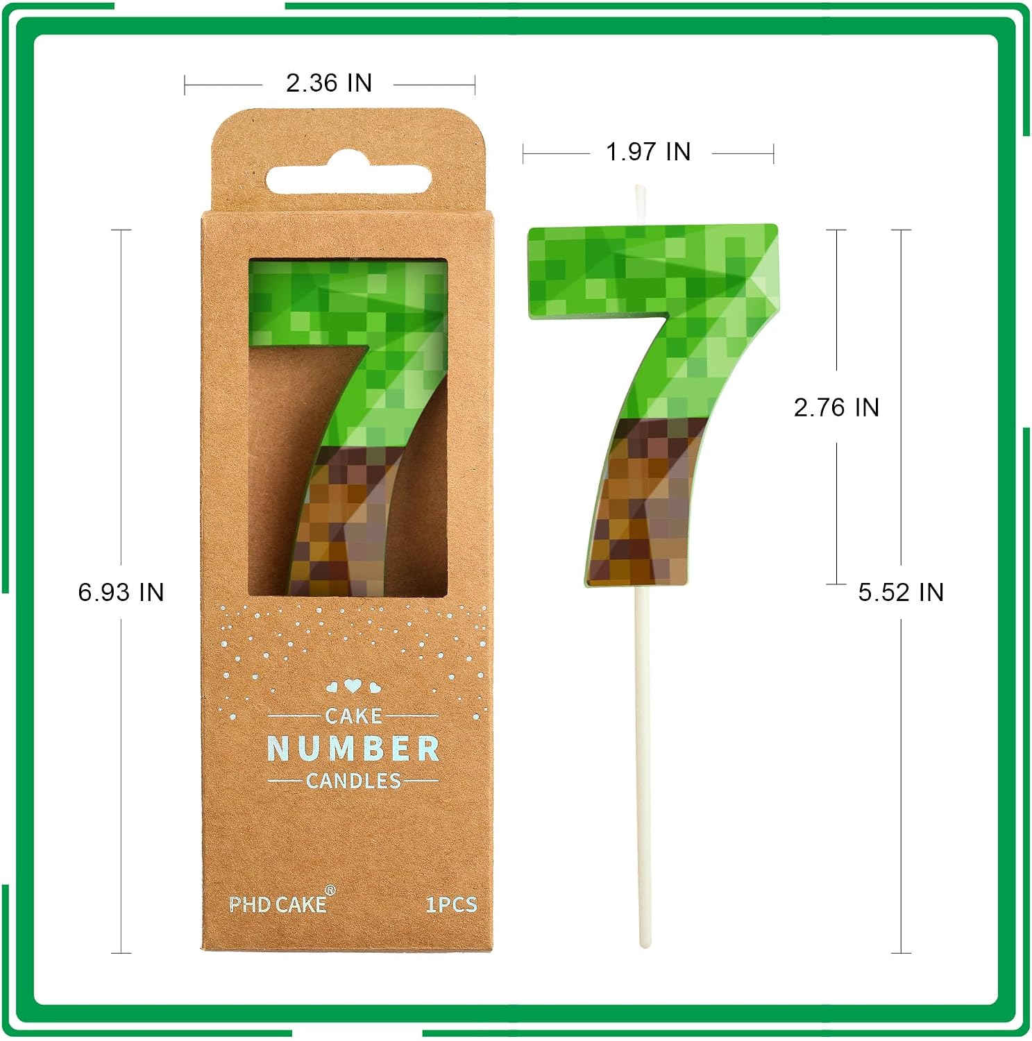 PHD CAKE 2.76 Inch Number 7 Pixel Birthday Candles Crystal, Green Miner Number Candles, Cake Number Candles, Party Celebration, Style Candle