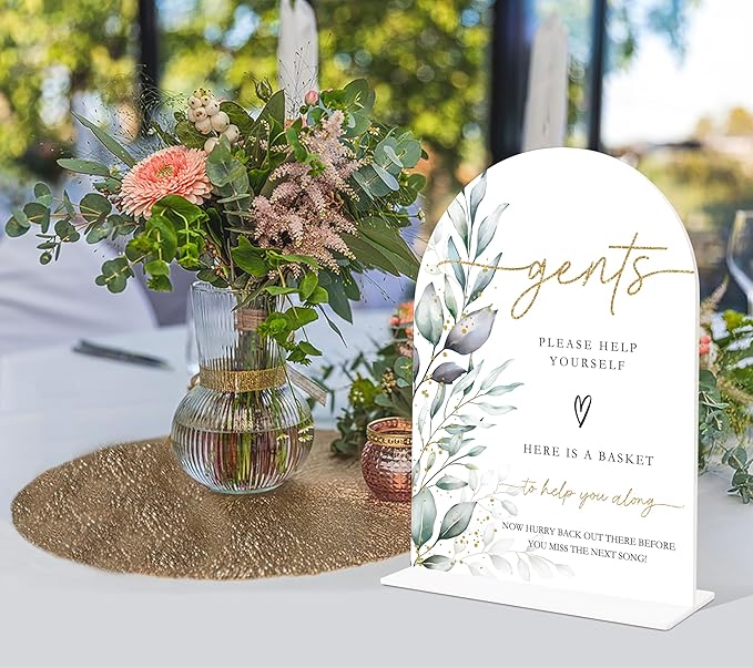 Acrylic Wedding Signs, Greenery Theme Gents Please Help Yourself Sign, Bridal Shower Table Decor with Stand, Wedding Bathroom Basket Supplies for Engagement, Anniversary, Newlywed Event and Party, 08