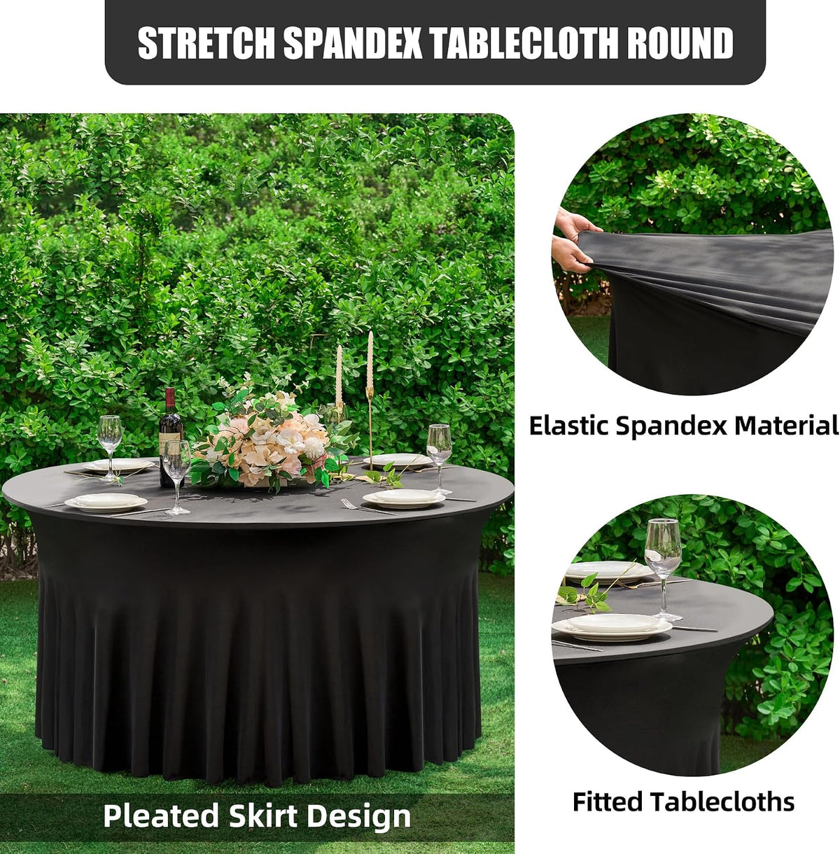 black round spandex tablecloth 60 inch, wrinkle free showing dimensions