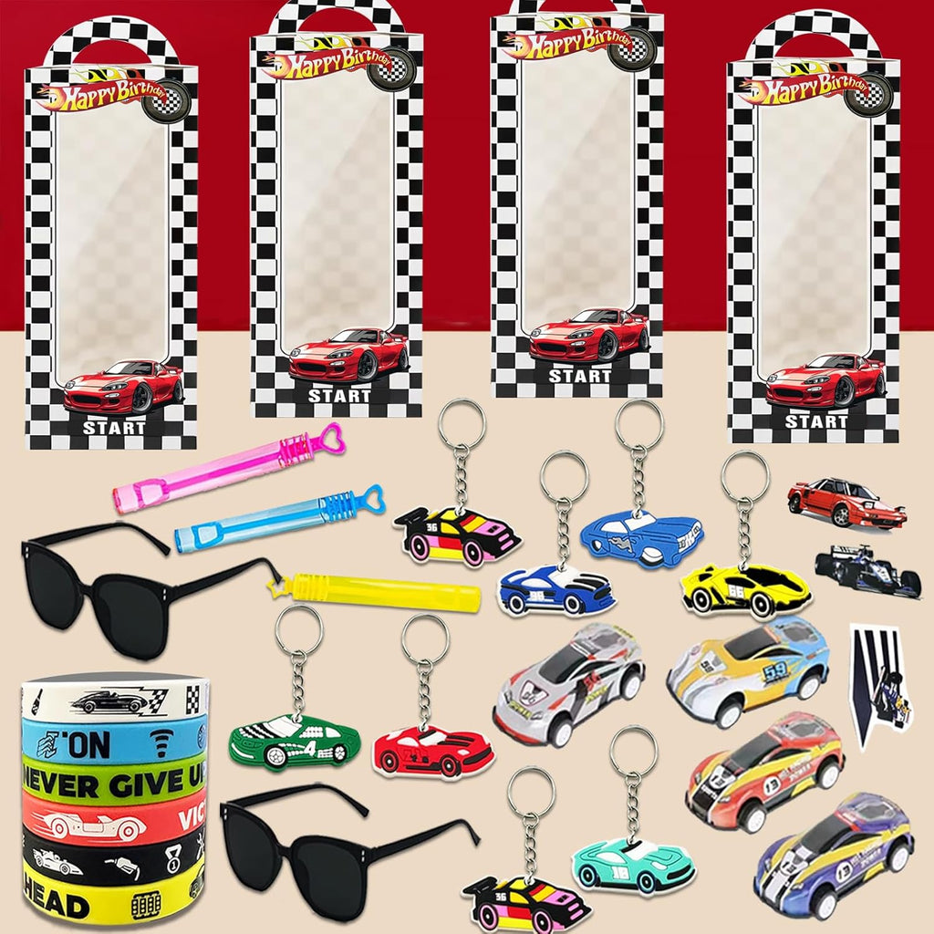 120PCS Race Car Party Favors Set, Car Birthday Decorations Including Slap Bracelets, Keychains, Gift Bags, DIY Stickers,Racing Glasses ,Bubble Wands, Race Car Birthday Supplies