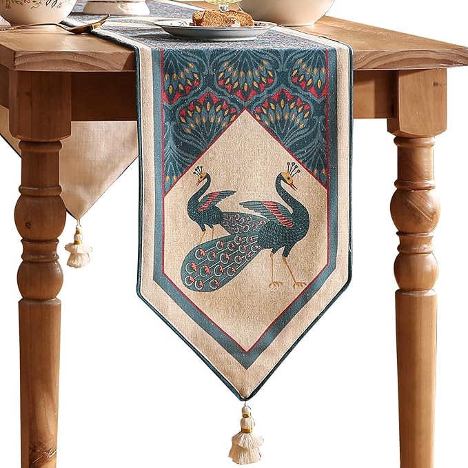 Vintage Blue Peacock Table Runner for Coffee Table,Decorative Linen 71 Inches Long Table Runners,Decor Tabletop for Kitchen,Dining,Tea Party,Home,Christmas,12"*71"