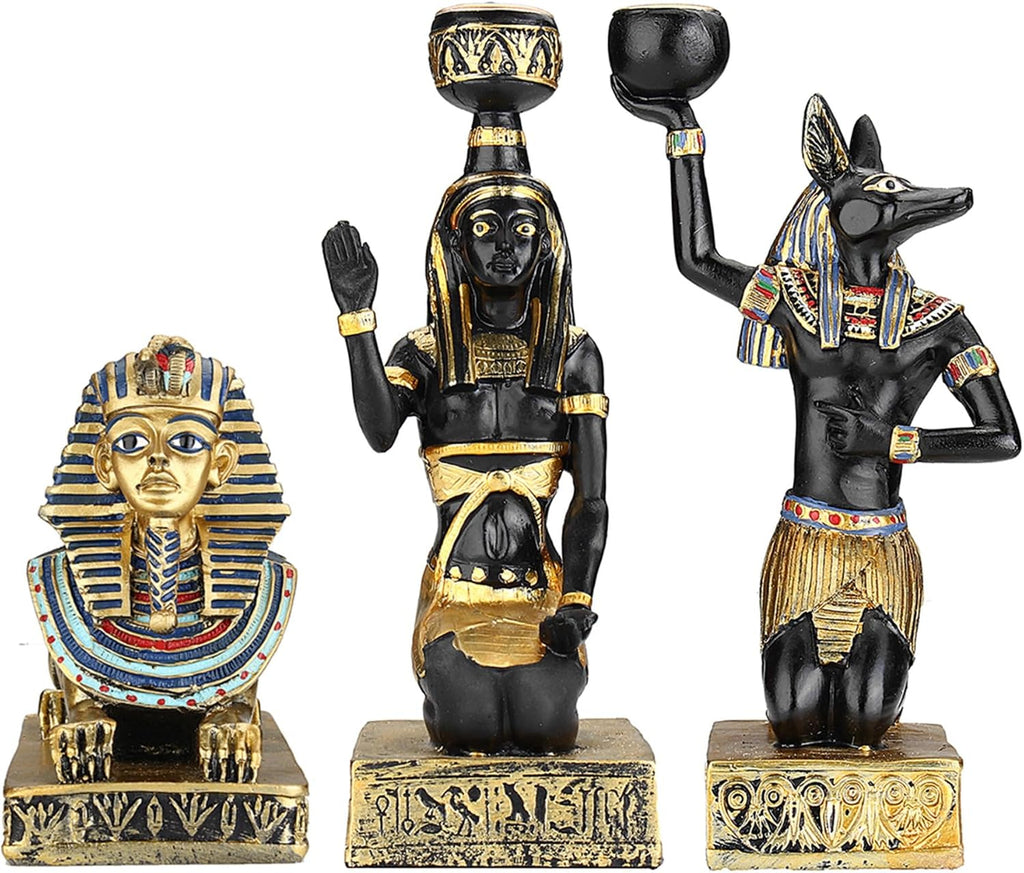 Egyptian Mythology Resin Candle Holder Set 3 Anubis Goddess Sphinx Decor