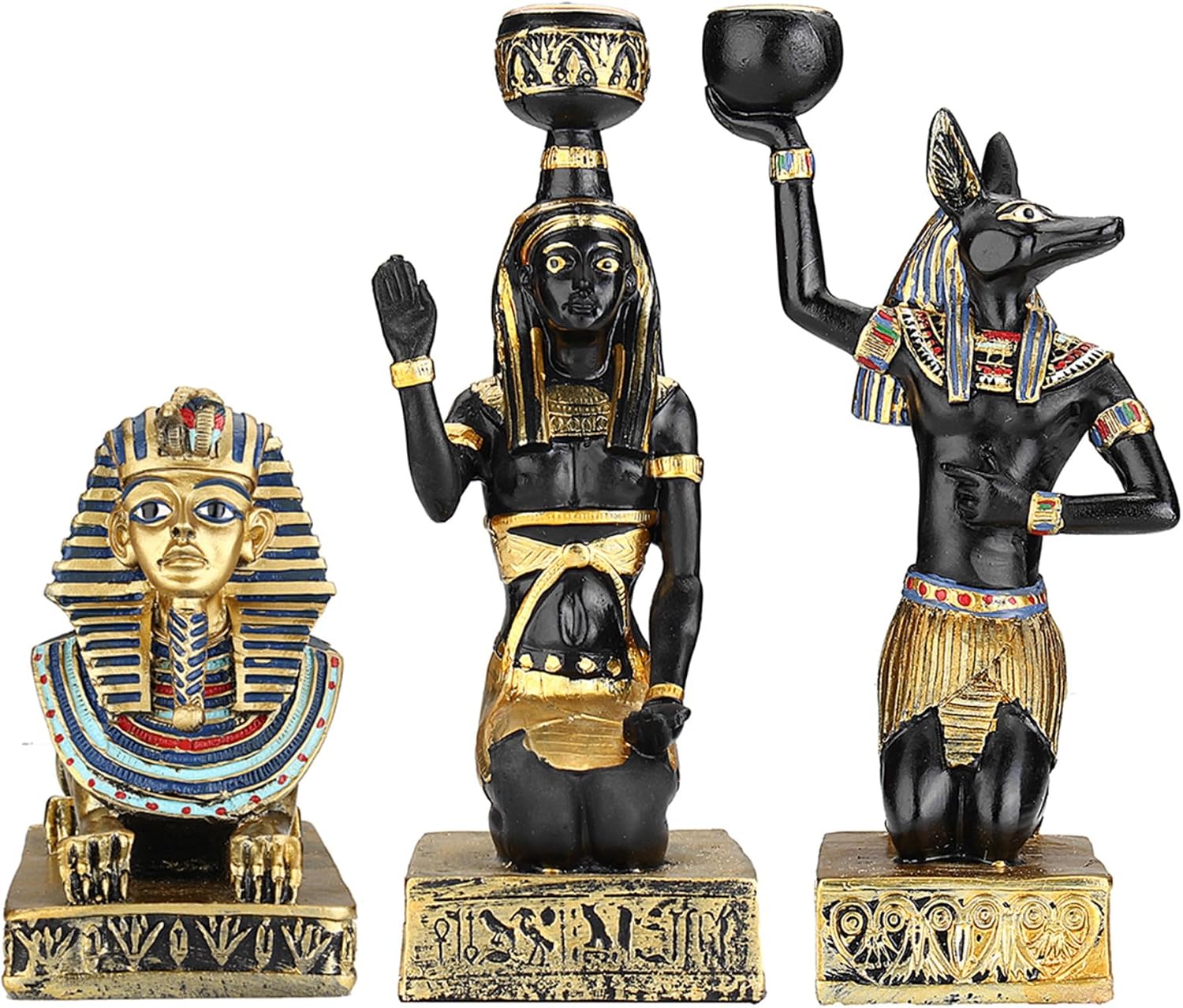 Egyptian Mythology Resin Candle Holder Set 3 Anubis Goddess Sphinx Decor