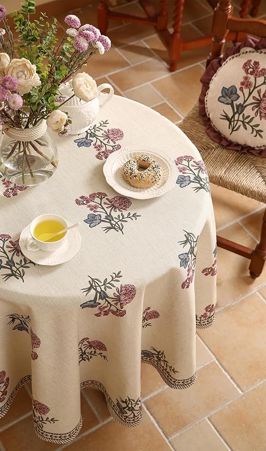 ISAENNE Designer Linen Light Beige Small Round Tablecloth,French Colorful Floral Table Cloth,Stain Resistant Decor Tablecloths for Dining Thanksgiving Christmas Kitchen,Diameter 55"-Helena E