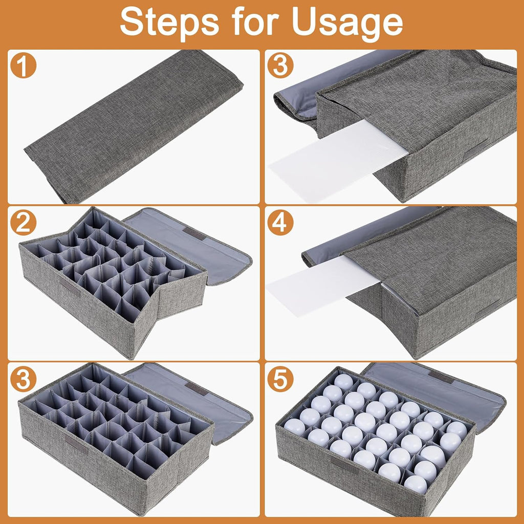 Light Bulb Organizer Storage Box, Ornament Storage with 30 Dividers Foldable Organizer with Lid Sturdy PP Board Fits Various Christmas Light Standard Bulbs Case Box Gray