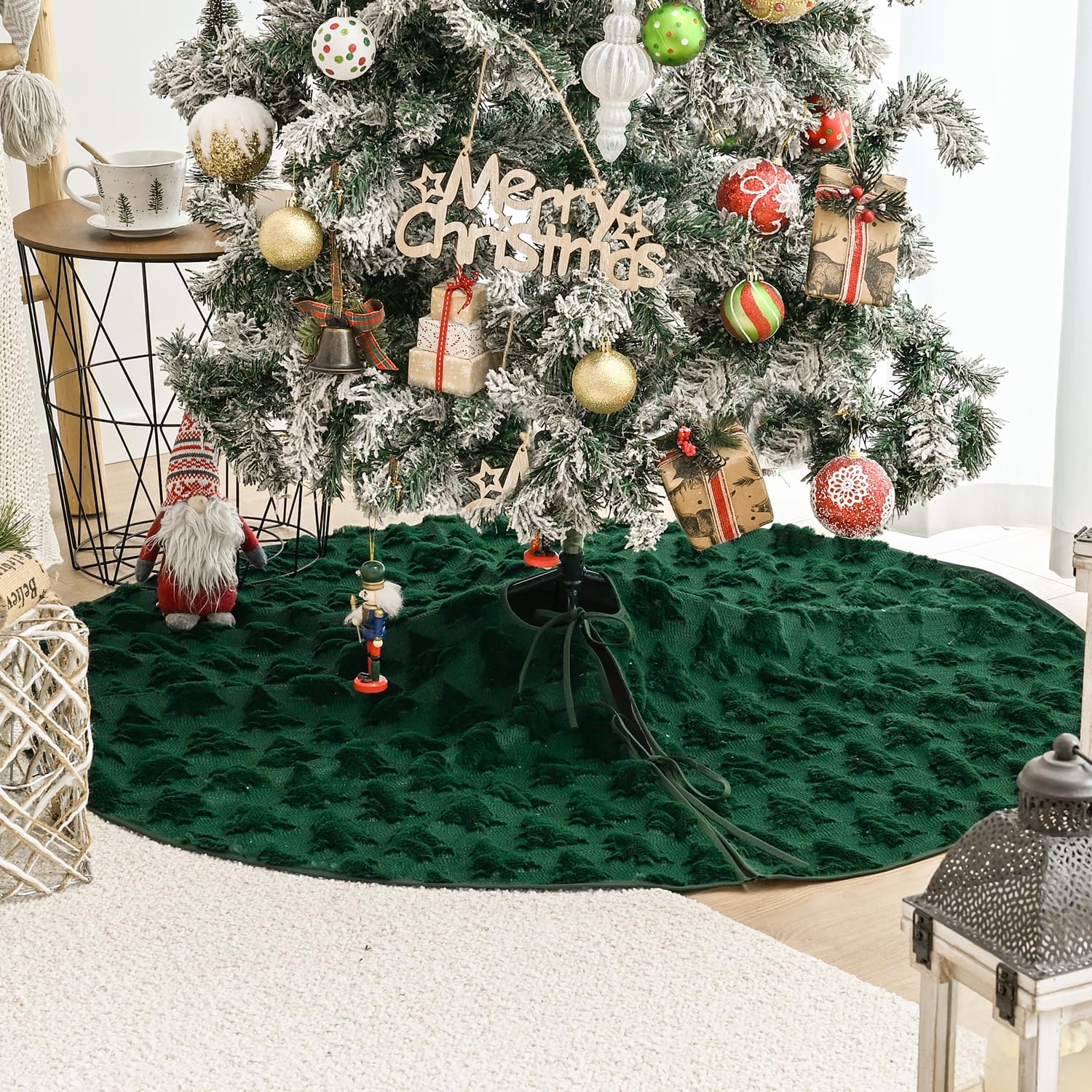 AVOIN colorlife Green Pine Faux Fur Soft Plush Christmas Tree Skirt 36 Inch | Split Slit Design, Rope Ties, Perfect 4-6 ft Trees Compatibility, Base Cover, Mat for Gifts