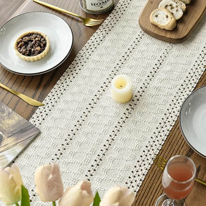 Artoid Mode Beige Farmhouse Woven Rustic Hollow Table Runner, Seasonal Holiday Hollow Kitchen Dining Table Decoration for Home Party Decor 12x108 Inch