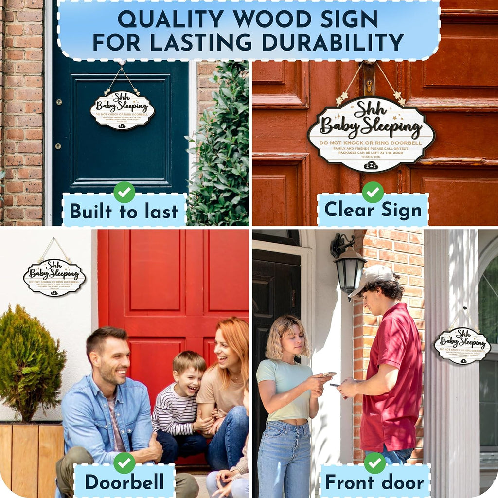 Woodamore Shhh Baby Sleeping Sign for Front Door - Please Do Not Knock Or Ring Doorbell Sign, Baby Sleeping Door Sign, No Knocking Door Sign, No Soliciting Do Not Knock Sign