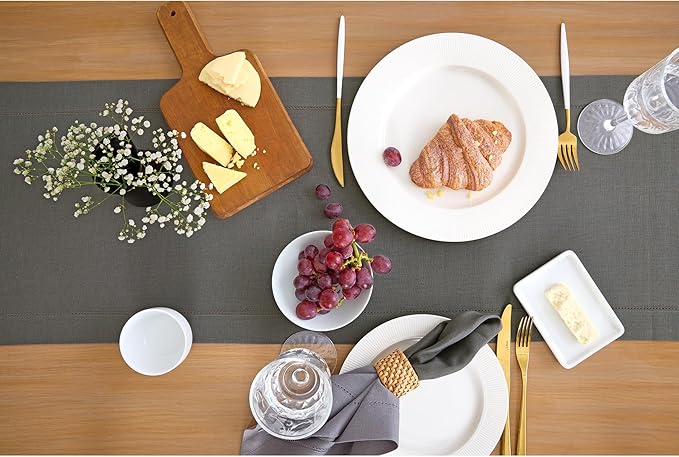 Solino Home Linen Steel Gray Table Runner 120 Inches Long - 100% Pure Linen Hemstitch 14 x 120 Inch Table Runner for Dining, Fall, Autumn - Classic Hemstitch