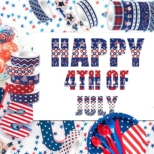 Washi Tape 12 Rolls Washi Tape Set Patriotic Packing Tape American Flag Washi Masking Tape Decorative Paper Stickers Decorative Tape for Gifts Wrapping DIY Art Crafts