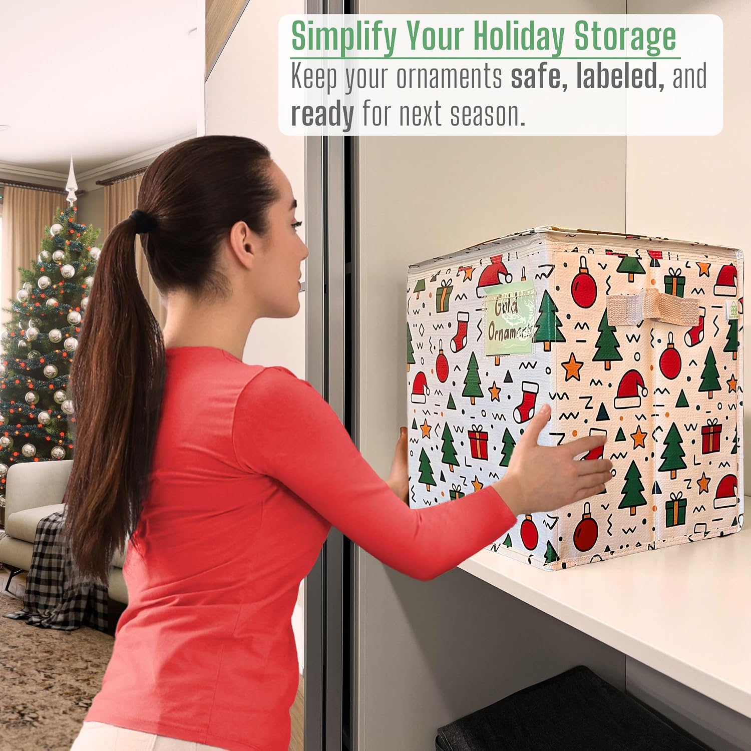 VENO 2 Pack Christmas Ornament Storage Box, Holiday Ornament Organizer with Adjustable Dividers, Sturdy Storage Containers for 64 Ornaments, Zippered Lid & Handles, 3" Cube (Jingle Mix)