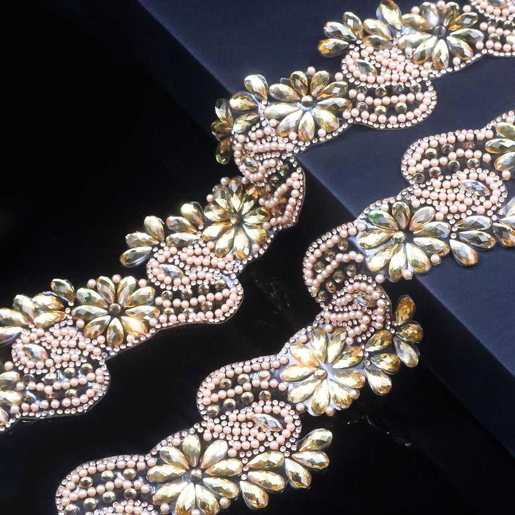 pearly jun 2.5 yards champagne gold rhinestone ribbon, main product view