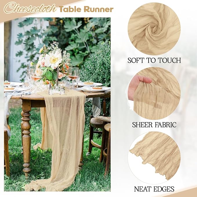 Aktor 12 Pack Beige Table Runner Boho Cheesecloth Table Runner Semi Sheer Gauze Fabric Runners for Wedding Birthday Baby Shower Party Boho Table Decoration（Beige）