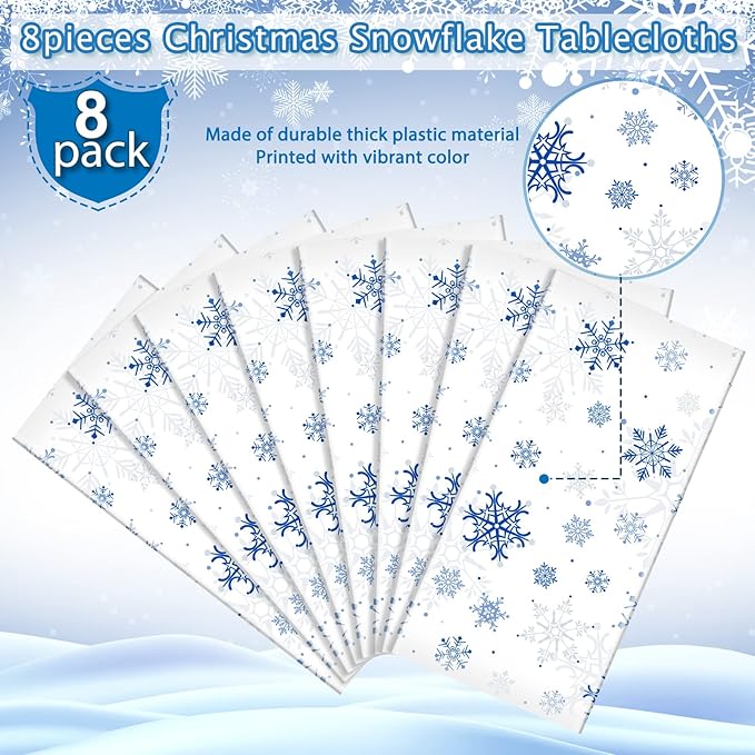8 Pieces Snowflake Christmas Party Tablecloth Decorations,Plastic White Snowflake White Blue Xmas Backdrop Sign Table Cover Banner for Winter Christmas Holiday Party Supplies,54x108 inch（White/Blue）