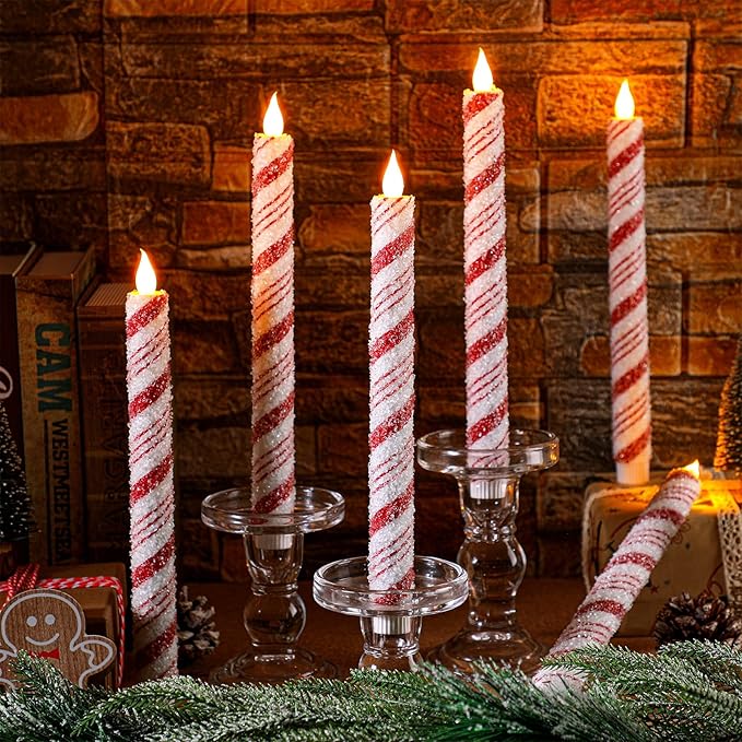 Baquler 6 Pcs Christmas Flameless Taper Candles 10.6 Inch Sea Salt Candy Cane Candles Battery Operated LED Christmas Candlesticks for Xmas Centerpiece Holiday Party Decor