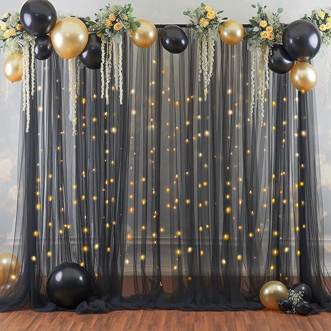 10×10ft Black Tulle Backdrop Curtain with Lights String for Parites, Sheer Photo Backdrop Curtains for Wedding Party Photography Background