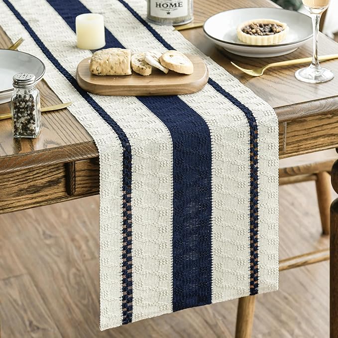 Artoid Mode Dark Blue Farmhouse Woven Rustic Table Runner, Seasonal Holiday Hollow Kitchen Dining Table Decoration for Home Party Decor 12x36 Inch