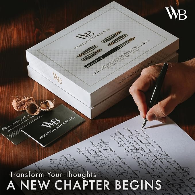 Wordsworth & Black Fountain Pen Gift Set, Includes Bottle, 6 Cartridges, Refill Converter, 4 Replacement Nibs, Premium Package, Journaling, Calligraphy, Smooth Writing Pens [Green Chrome]