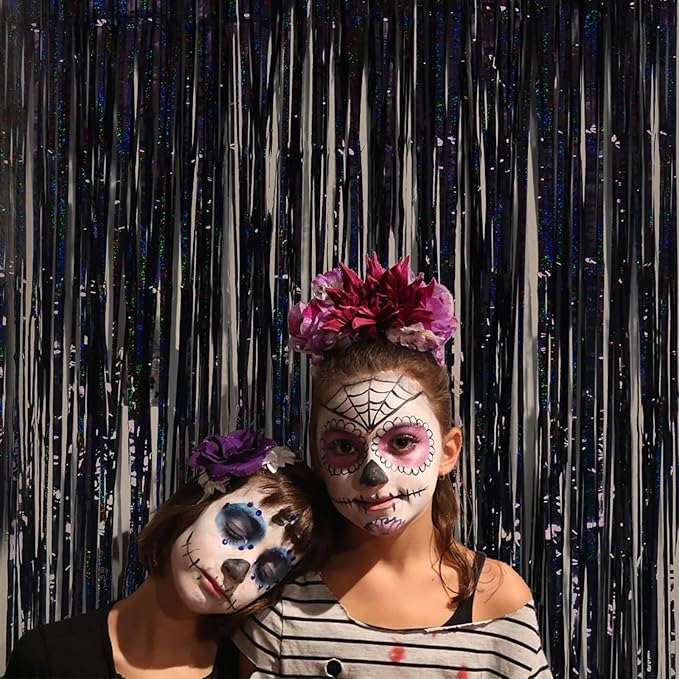 Foil Fringe Curtains Halloween Decor Indoor Party Decorations - Melsan 3 Pack 3.2 x 8.2 ft Black Tinsel Curtain Photo Backdrop for Birthday Decorations Retirement Party Decorations Black