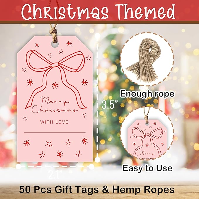 50 Pcs Christmas Gift Tags, 2.1"×3.5" Merry Christmas Tags for Gifts with String, Presents Paper Label Wrap for Party Favor - B13