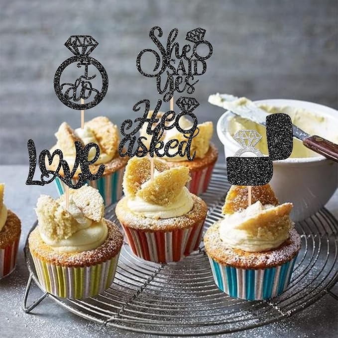 30 PCS He Asked She Said Yes Cupcake Toppers Love I Do Diamond Ring Cupcake Picks for Wedding Enaggement Bridal Shower Party Cake Decorations Supplies Black