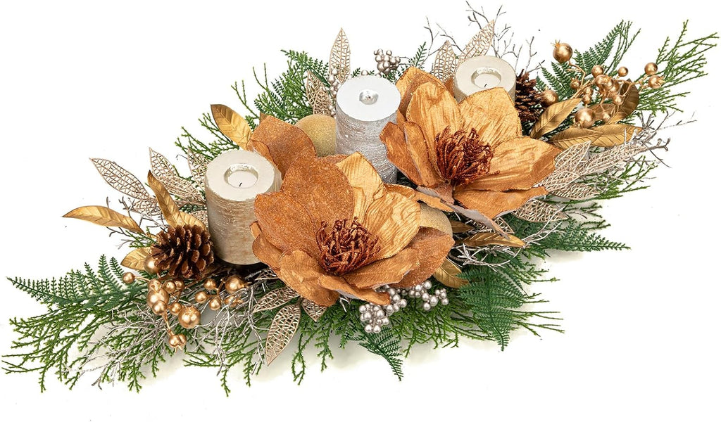 35" Champagne Christmas Centerpiece with Candle Holders, Magnolias Gold Christmas Balls Berries Leaves Branches Pine Cones Pine Needles for Xmas Table Decor, Holiday Candelabrum for Mantel Decorations