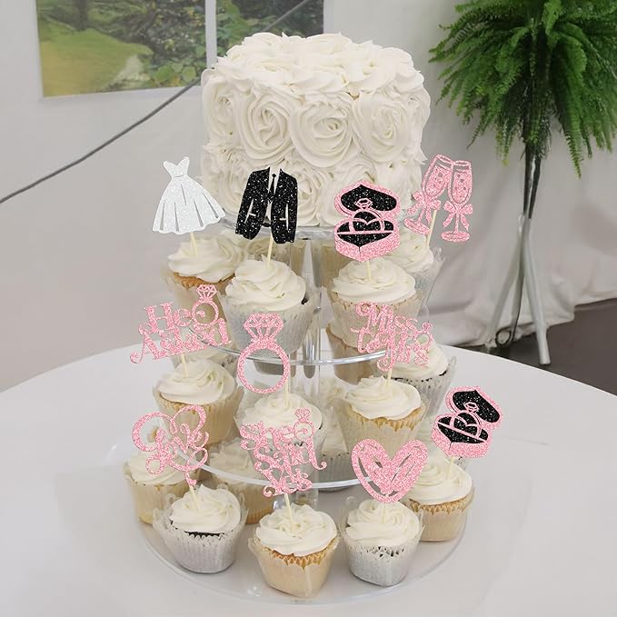 Gyufise 30Pcs She Said Yes Cupcake Toppers Glitter Diamond Ring I Do Love Cupcake Picks Miss to Mrs He Asked Bridal Shower Wedding Engagement Bachelorette Cake Decoration Pink