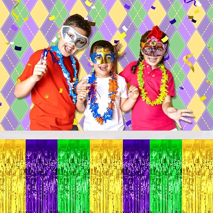 3 Pack 29 x108 Inch Gold Green Purple Foil Fringe Table Skirts Metallic Banner for Tinsel Streamer Garland Backdrop for Parade Floats Wedding Thanksgiving Birthday Christmas New Year Party Decoration