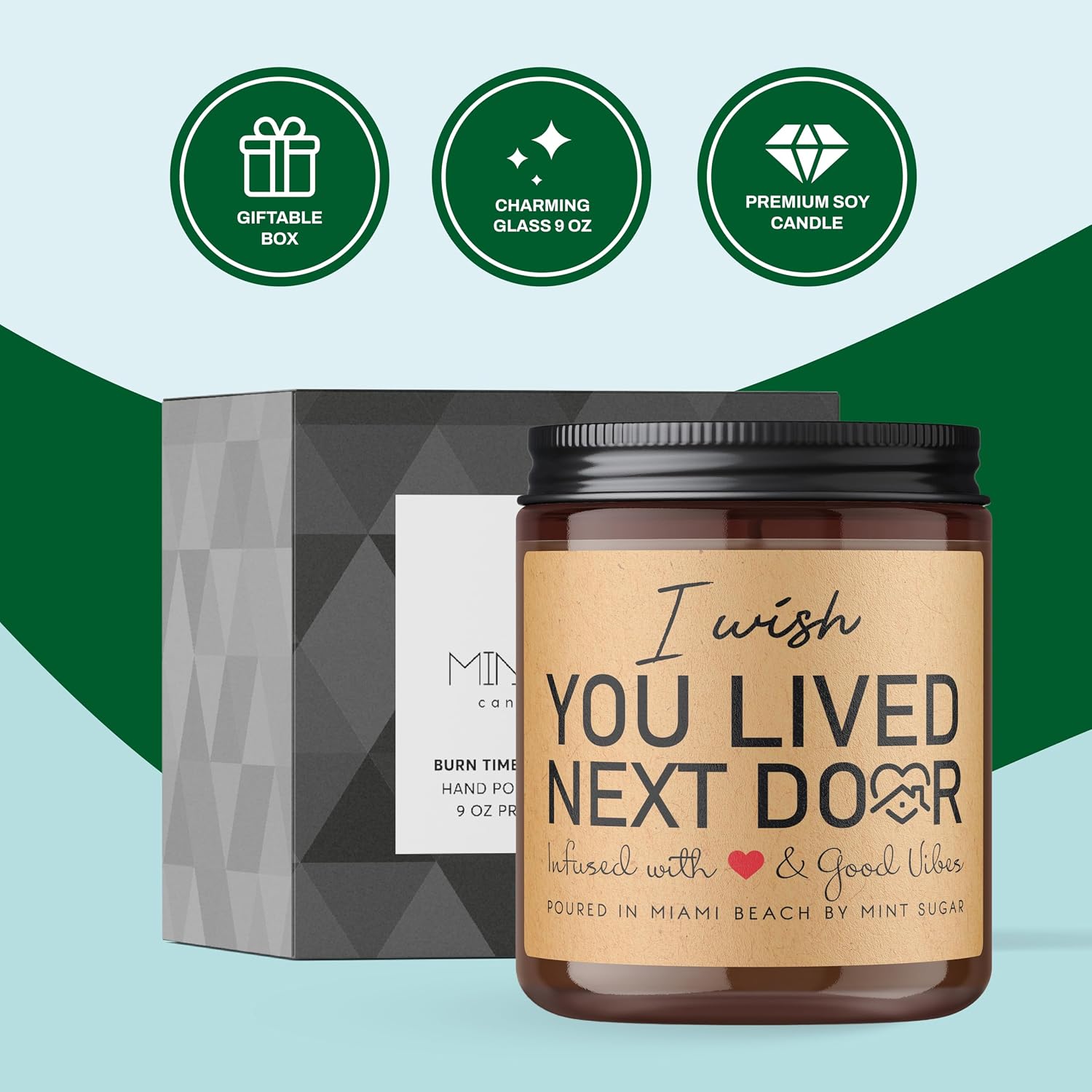 Birthday Gifts for Women - I Wish You Lived Next Door Candle - Apple Caramel Scent - Jar Candle - Made in USA - 9 oz