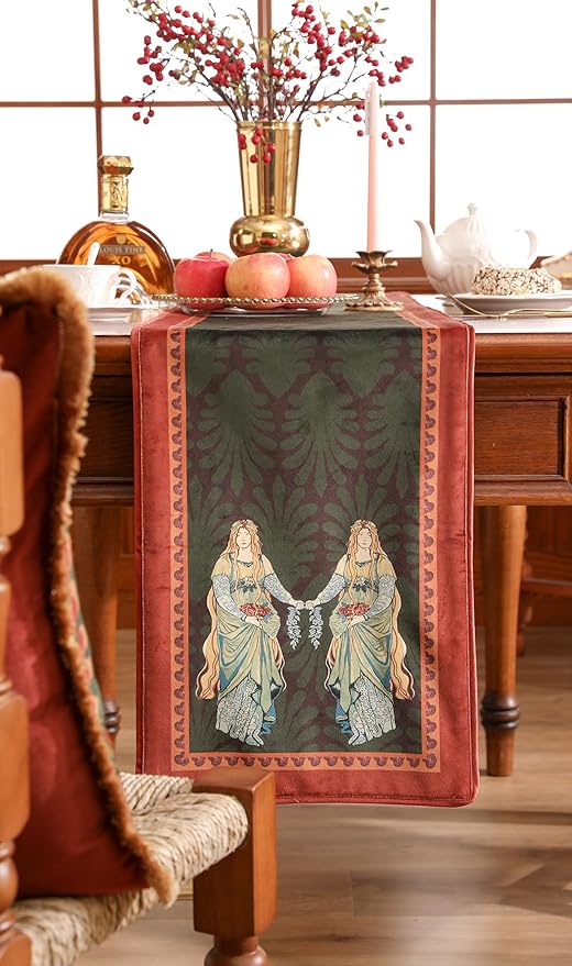 patdrea Designer Mysterious Oil Painting Figures Velvet Table Runner, Brown Green with Palm Frond Pattern Table Mat, Decoration for Kitchen Dining Coffee Table Cabinet Banquet Thanksgiving,12"*102"