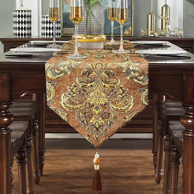 Elegant Floral Chenille Gold Jacquard Table Runner Advanced Caramel-Color with Tassels (60-inches)